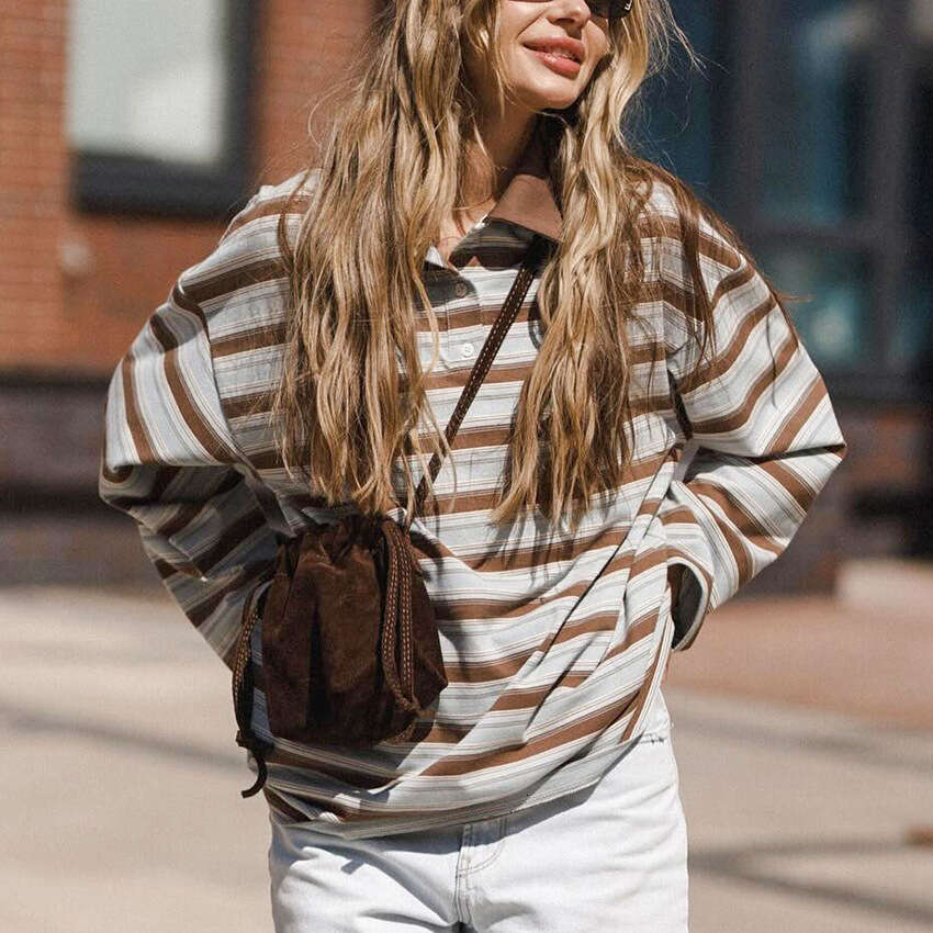 Autumn Winter New Simple Polo Collar Striped Long Sleeve T-Shirt Design Sense Elegant Fashion Commuting B5