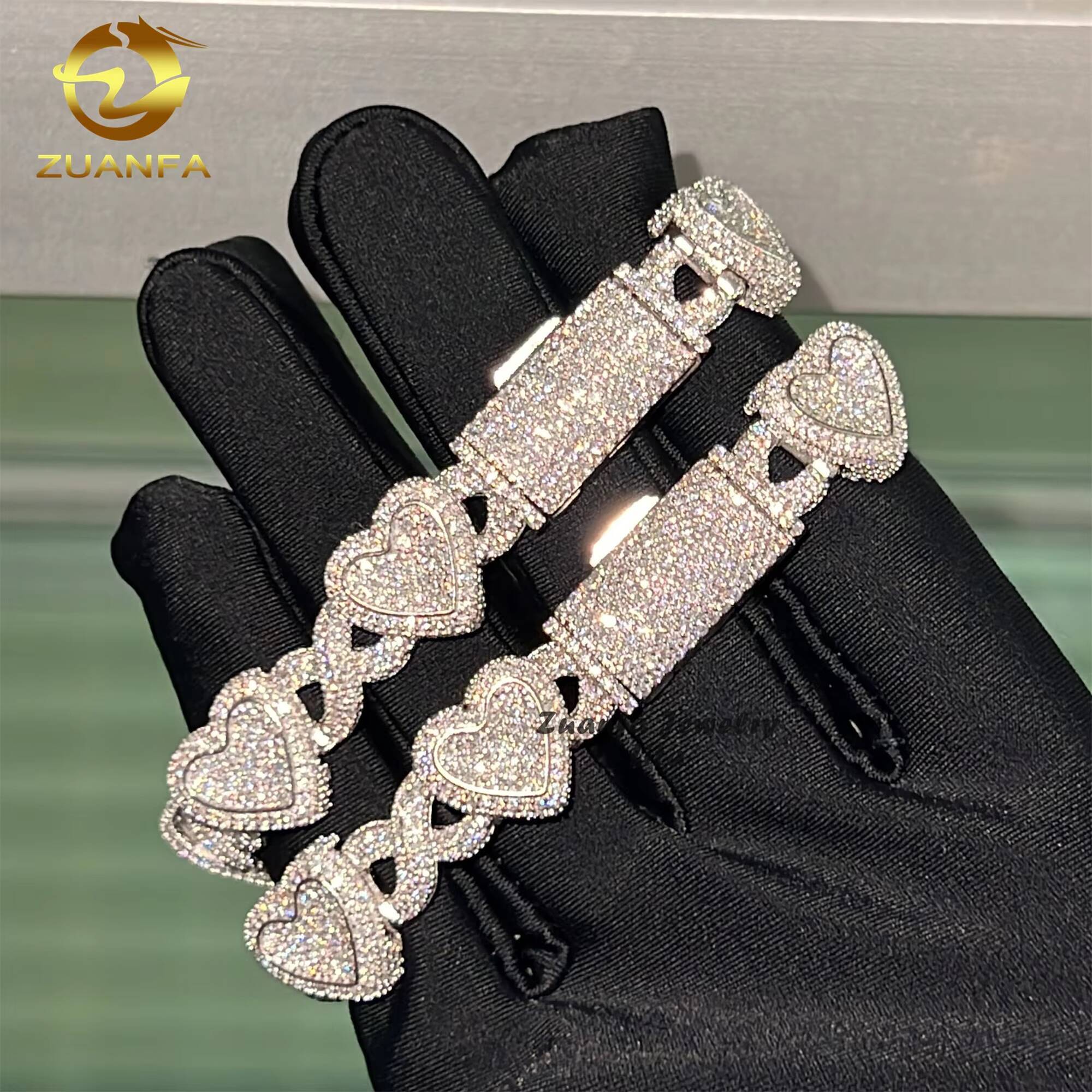 Iced Out Jewelry Heart Infinity Hip Hop Sparkle 925 Sterling Silver VVS Moissanite Diamond Cuban Link Bracelet