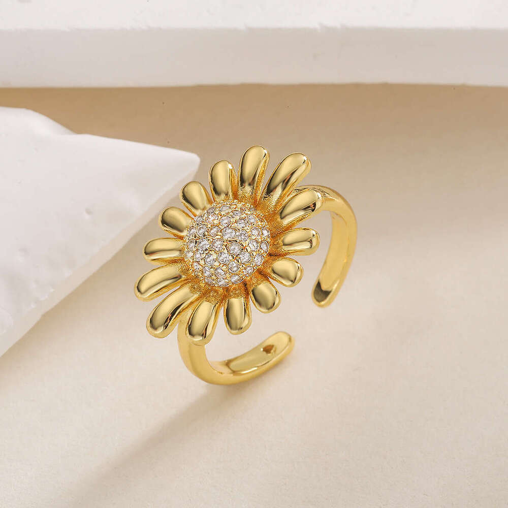 DHpet Fashion Exquisite Copper Gold-Plated Zircon Sunflower for Women, Niche Versatile Open Ring New