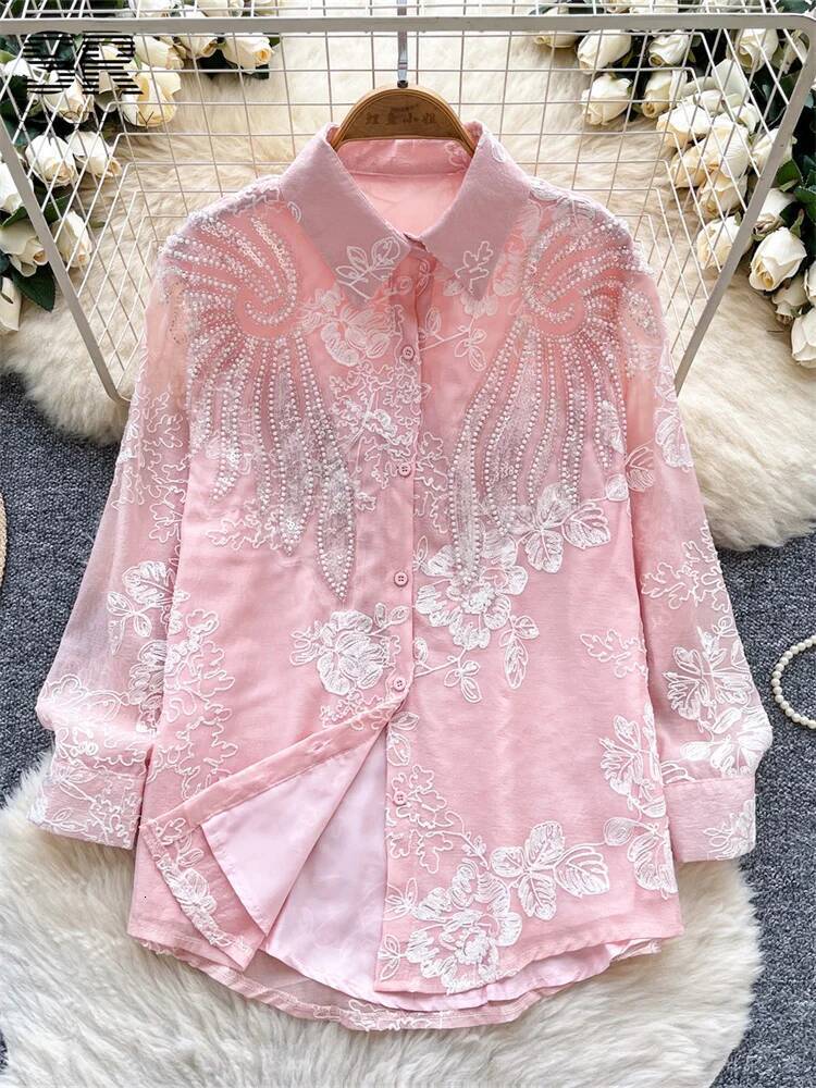 2025 new luxury sequin embroidered shirt autumn women's design bead design long sleeved single breasted French women's designer loose shirt