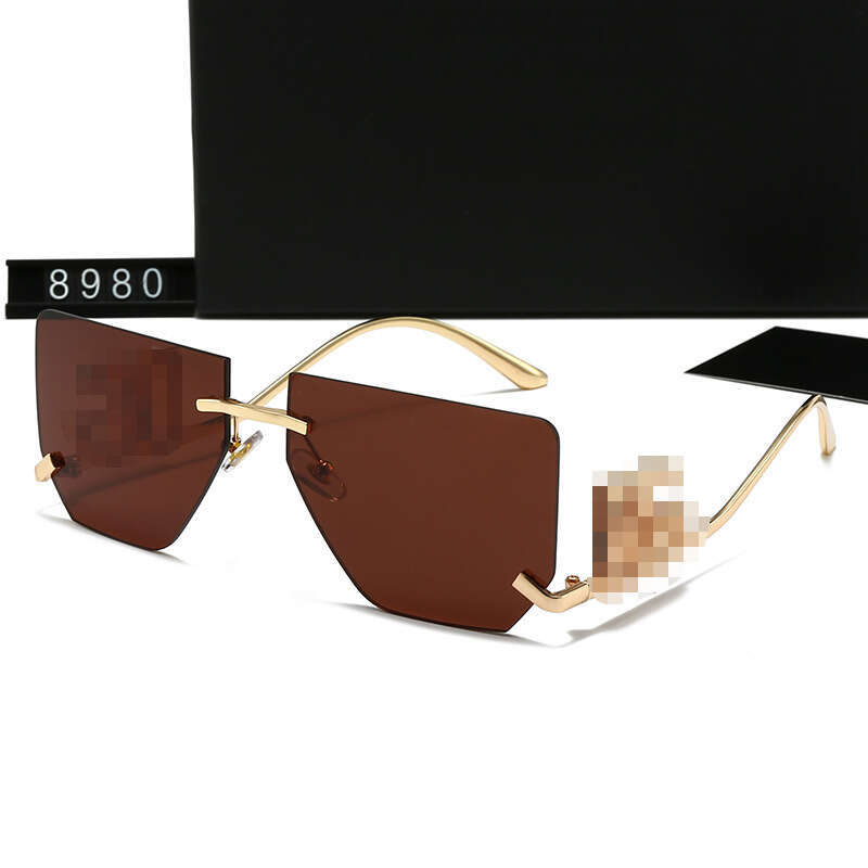 New Men and Women Metal fashion Rimless Cut Edge Large Frame Curved Leg Hollow Letter Sunglasses Korean Street Style Glasses 8980