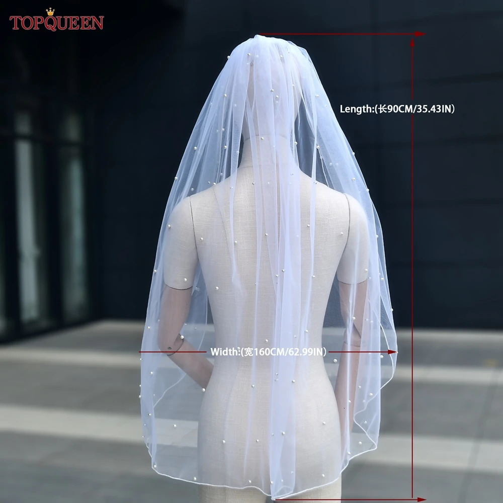 TOPQUEEN Short Bridal Veils Pearls Beaded Wedding Veil For Bachelorette Party Pencil Edge Elbow Length Veil 1 Tier Novio V06 250923