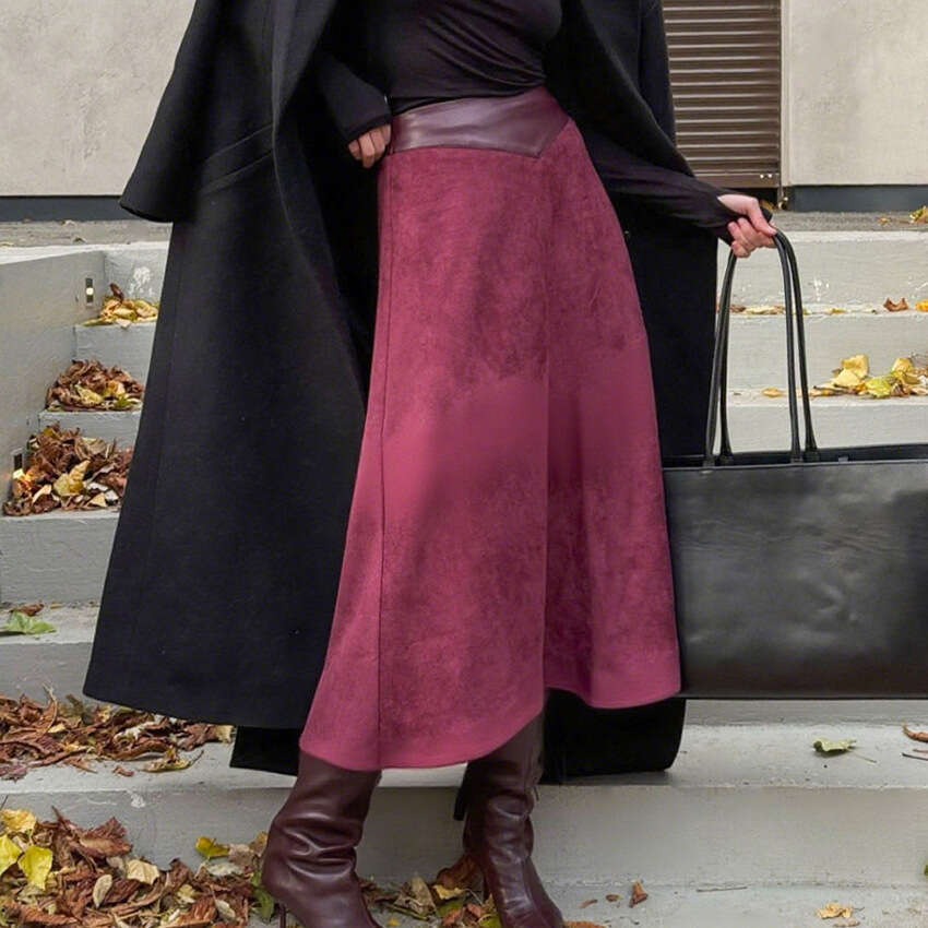 Autumn Winter New A-Line Long For Women With Design Sense And Elegant Suede Leather Skirt B5