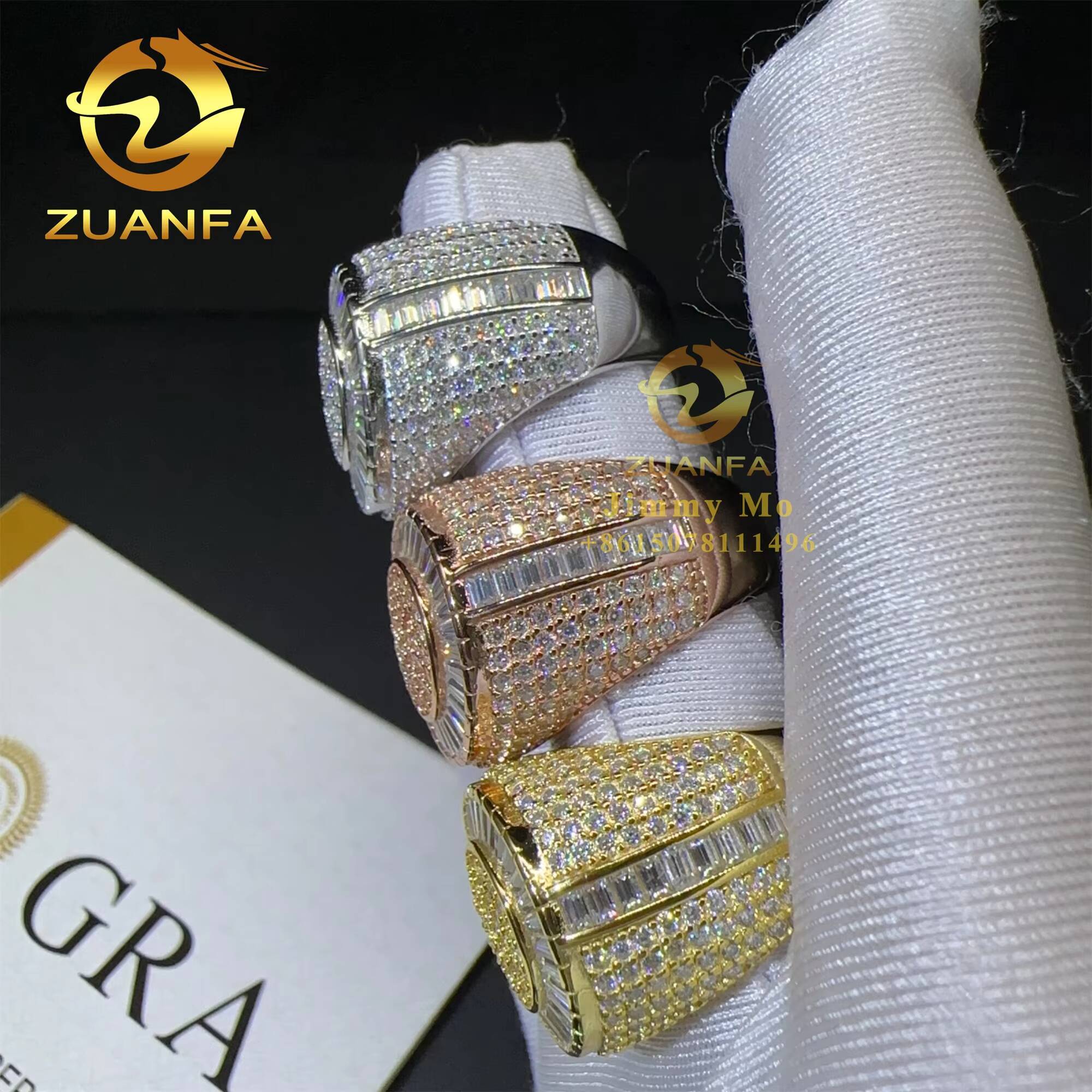 Best Selling GRA Certificate Iced Out Hip Hop Vvs Baguette Moissanite Diamond 925 Solid Silver Round Ring for Man