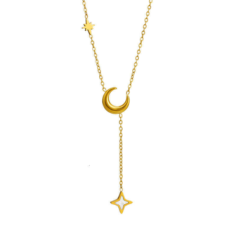 DHpet Minimalist Moon Tassel Necklace Stainless Steel Eight-Pointed Star Collarbone Chain Vacuum Electroplated Gold Color Retention