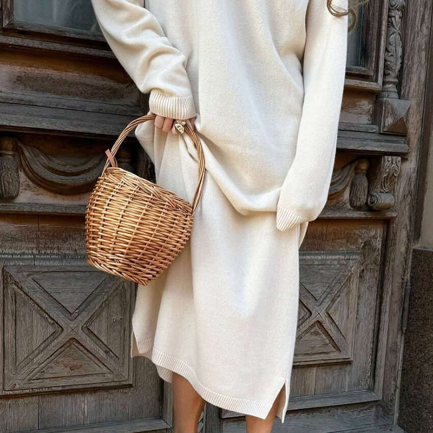 Autumn Winter New Loose Versatile Turn-Down Collar V-Neck Dress Design Sense Elegant Fashion Casual Commuting B3