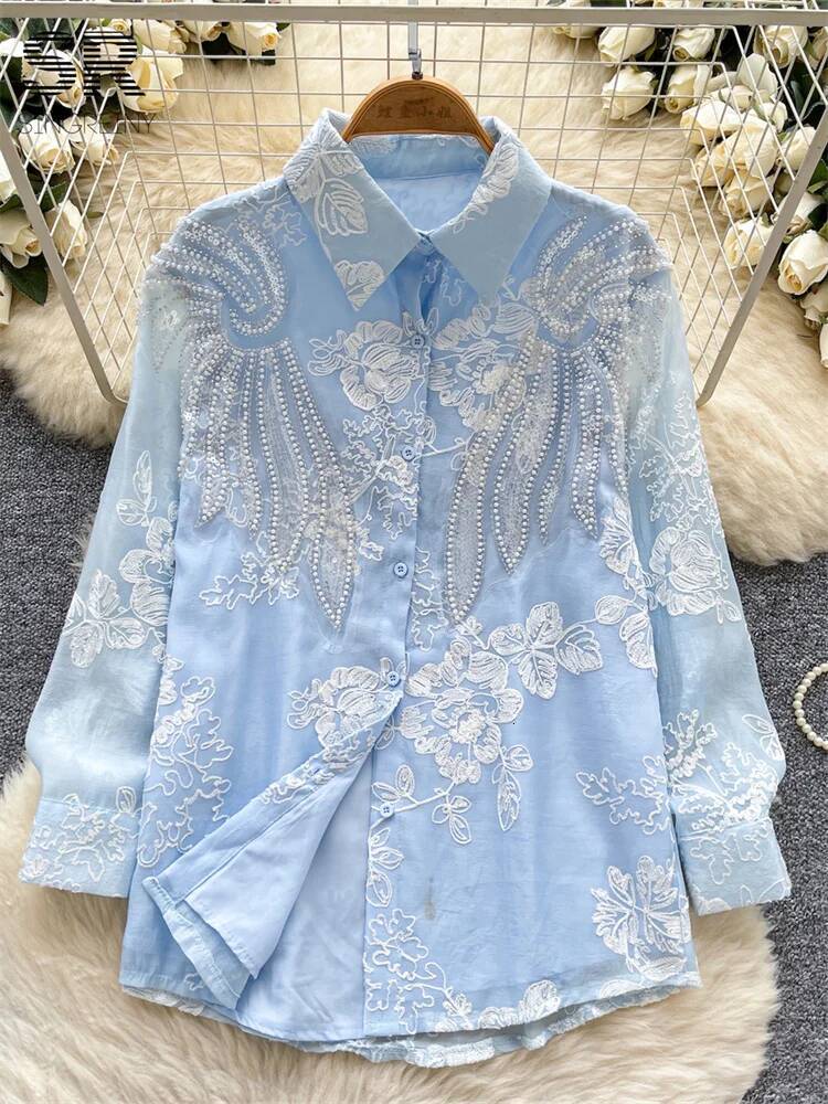 2025 new luxury sequin embroidered shirt autumn women's design bead design long sleeved single breasted French women's designer loose shirt