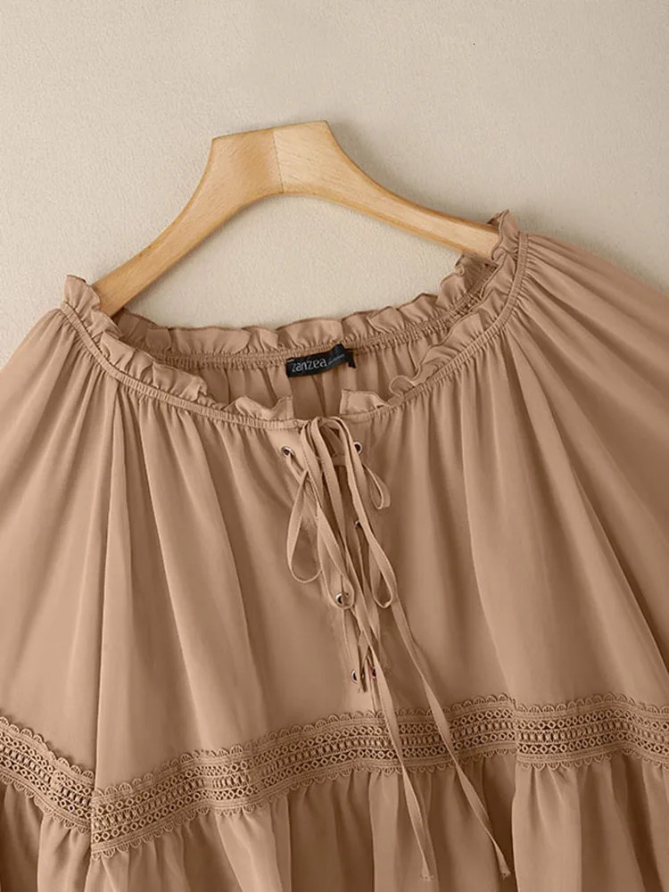 ZANZEA Women Vintage Chiffon Blouse Casual Loose 34 Flare Sleeve Short Tops 2025 Summer Seethrough Vneck Pleating Blusas Femme 250906