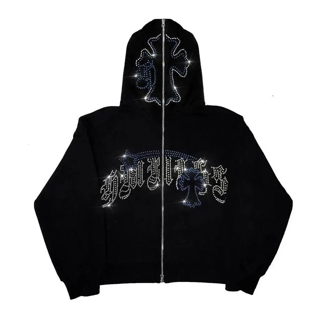 Woman Y2K Fashion Hoodie Rhinestones letter graphics Print Zip Hoodie clothes Hoodies Goth Long Sleeve Sweatshirt Oversized Top 250815
