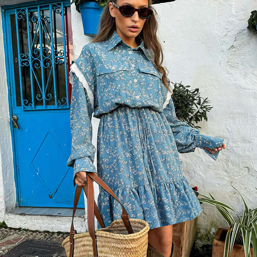 Autumn Winter New Printed Patchwork Long Sleeve A-Line Dress For Women With Design Sense And Fashionable Temperament B5