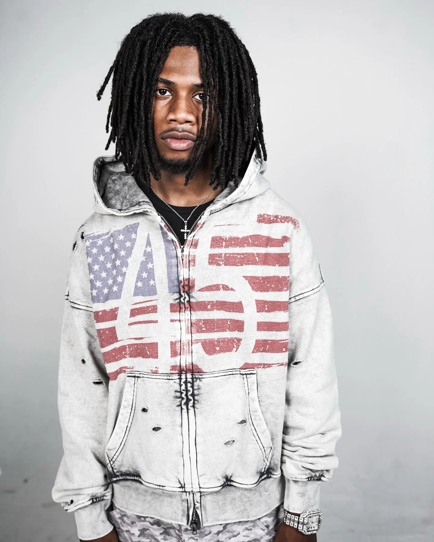 Retro American Flag Pattern Zip Up Hoodie for Men Hip Hop Harajuku Break Hole Loose Hoodies Y2k Streetwear Sweatshirt 250815