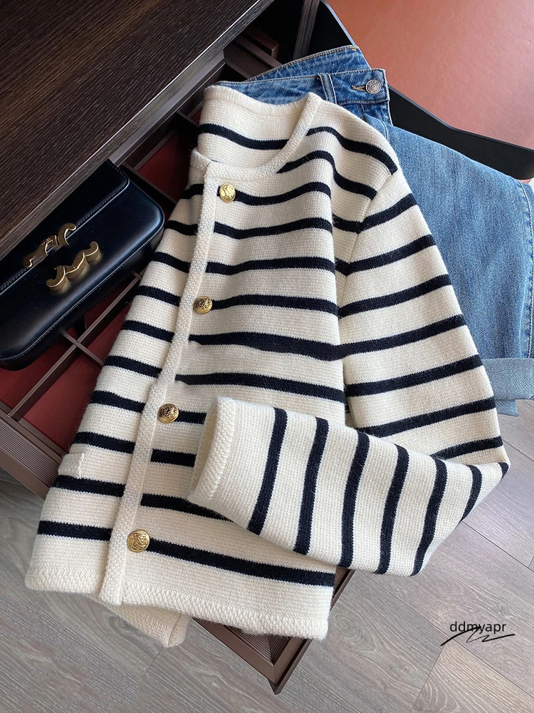 Women Ddmydec Spring Autumn Sweaters O-Neck Stripe Knitted Cardigan Fashion Long Sleeve Casual Short Tops Korean Style New