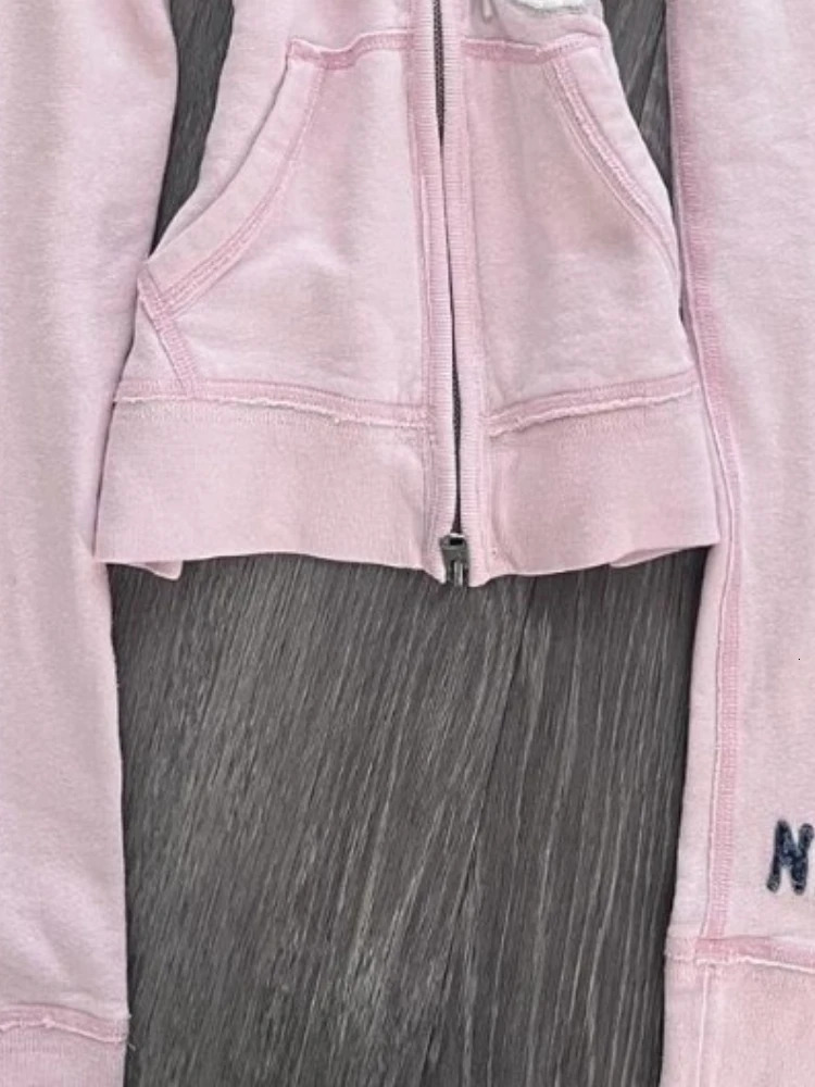 American Vintage Pink Furry Hoodie Women Y2K Harajuku Faux Fur Collar Jacket Fashion Slim Waist Belted Girl Sweatshirt 250905