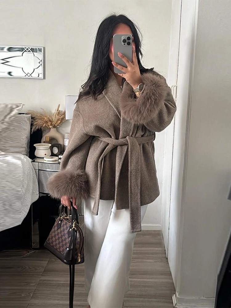 LaceUp Short Overcoat Womens Coat Office Lady Elegant Woolen Furry Patchwork Long Sleeve Coats 2025 Loose Cardigan Jackets 250905