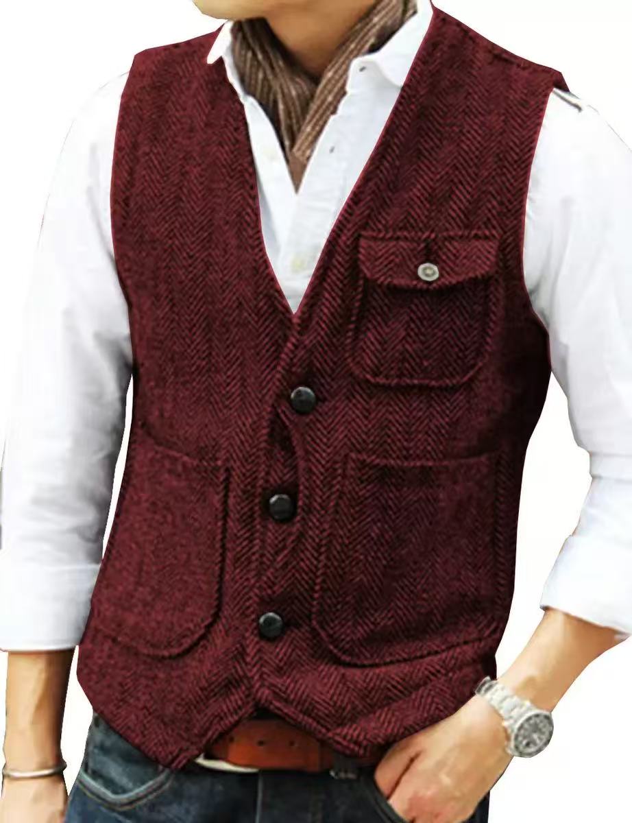 T1654 Men's Vest Korean Style Fashion Single-Breasted Sleeveless Vest Men's Western Cowboy Waistcoat