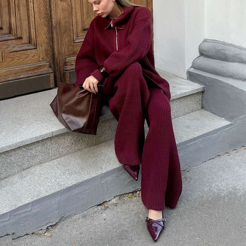 Autumn Winter New Zipper Turn-Down Collar Sleeve Long Pants Knitted Suit For Women Design Sense Elegant Fashion Commuting B5