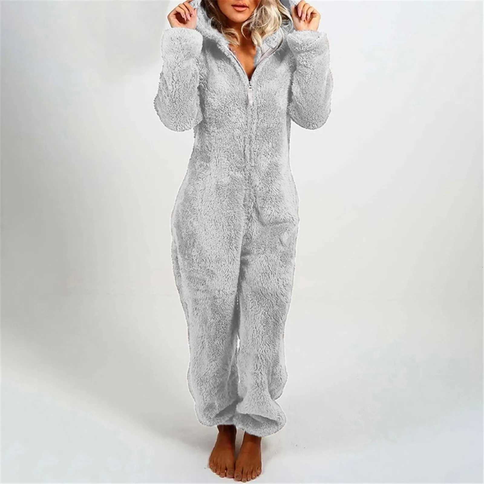 Winter Warm Sleepwear Home Clothes Cute Cat Ear Onesies Pyjamas Fluffy Fleece Hooded Jumpsuit Playsuit Pajama For Women Overalls Y250906