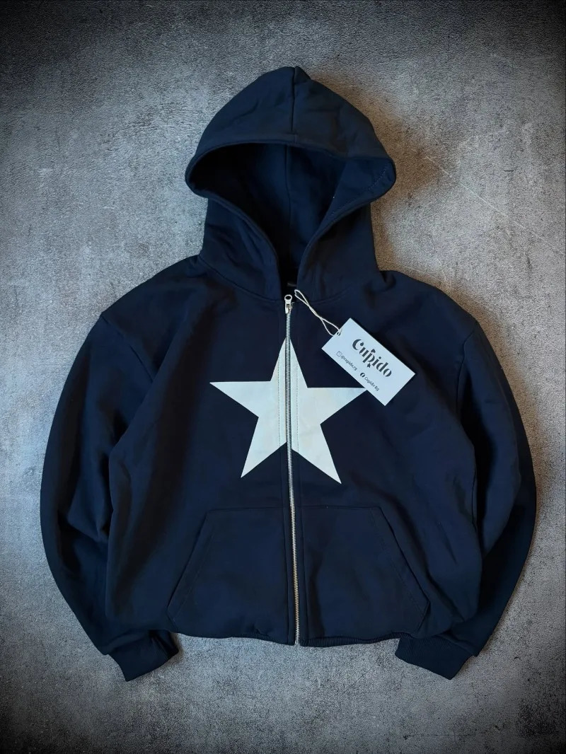 American Y2K Hip Hop Trend Zipper Hoodie Women Street Casual Loose Joker Vintage Sweatshirt Unisex Fleece Padded Warm Hoodie 250815