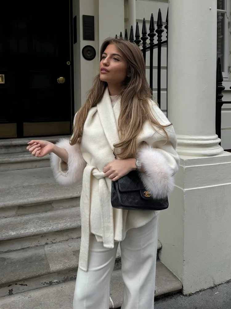 LaceUp Short Overcoat Womens Coat Office Lady Elegant Woolen Furry Patchwork Long Sleeve Coats 2025 Loose Cardigan Jackets 250905