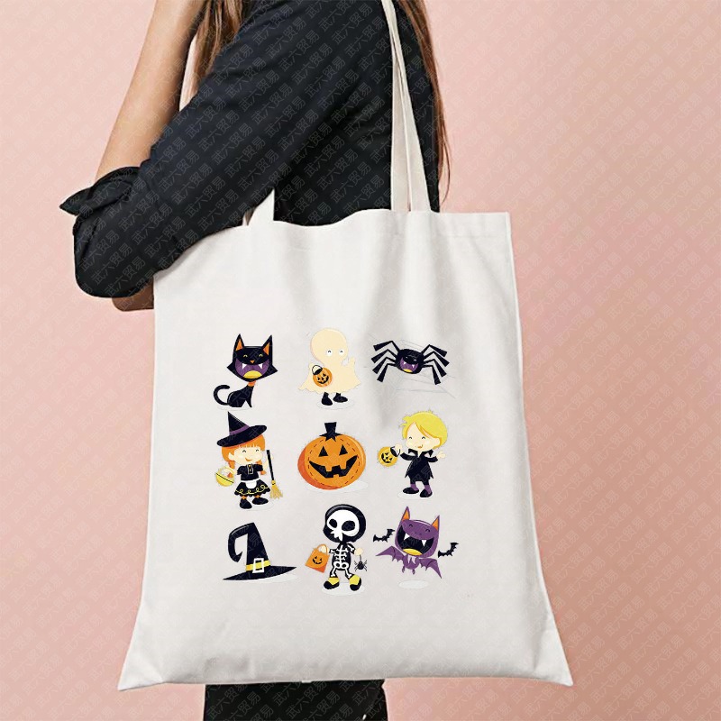 Halloween Style Canvas Tote Bag with Spooky Movie Prints for Reusable Shopping and Travel