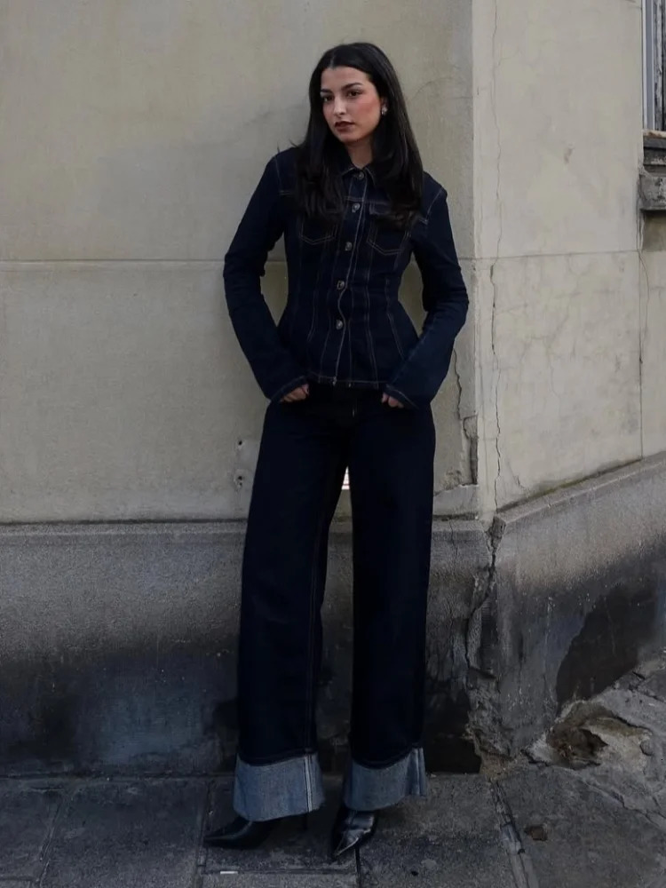 Denim Jacket Coat Jeans Sets Women Single Breasted Lapel Long Sleeve Top Straight Pants Suits 2025 Spring Vintage Street Commute 250906 C260312