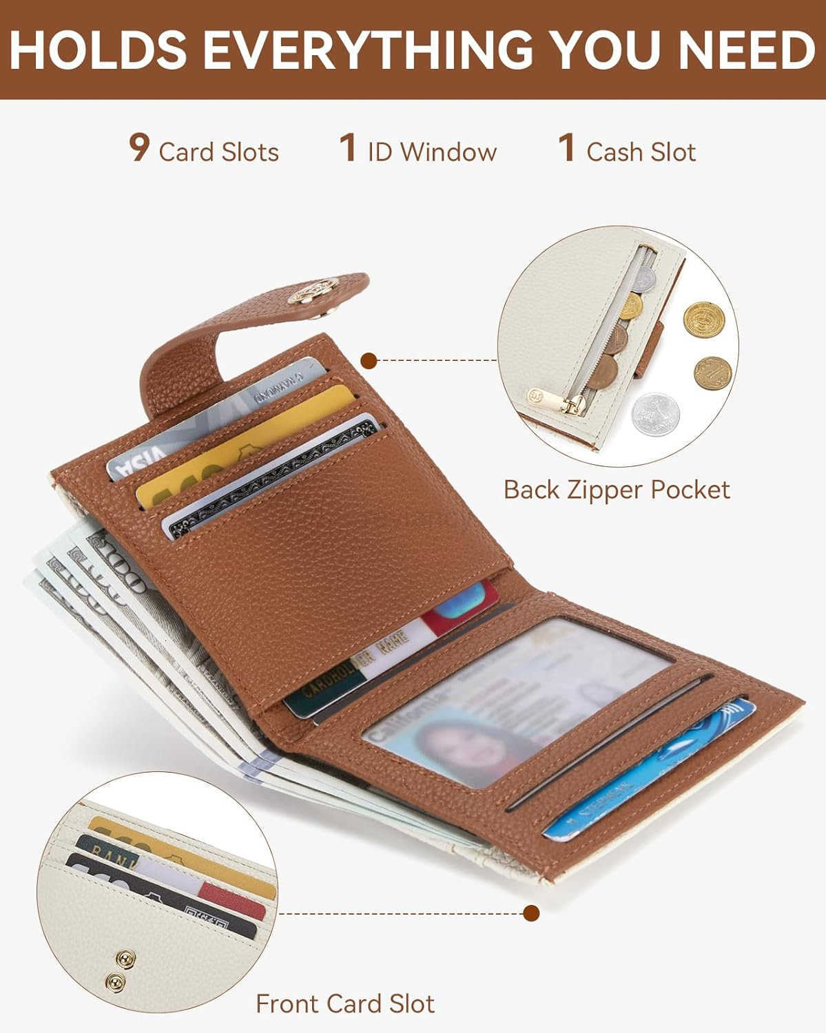Slim Wallet for Women Small RFID Blocking Holder Leather Bifold Wallets with Zipper Coin Pocket BeigeBrownW250906