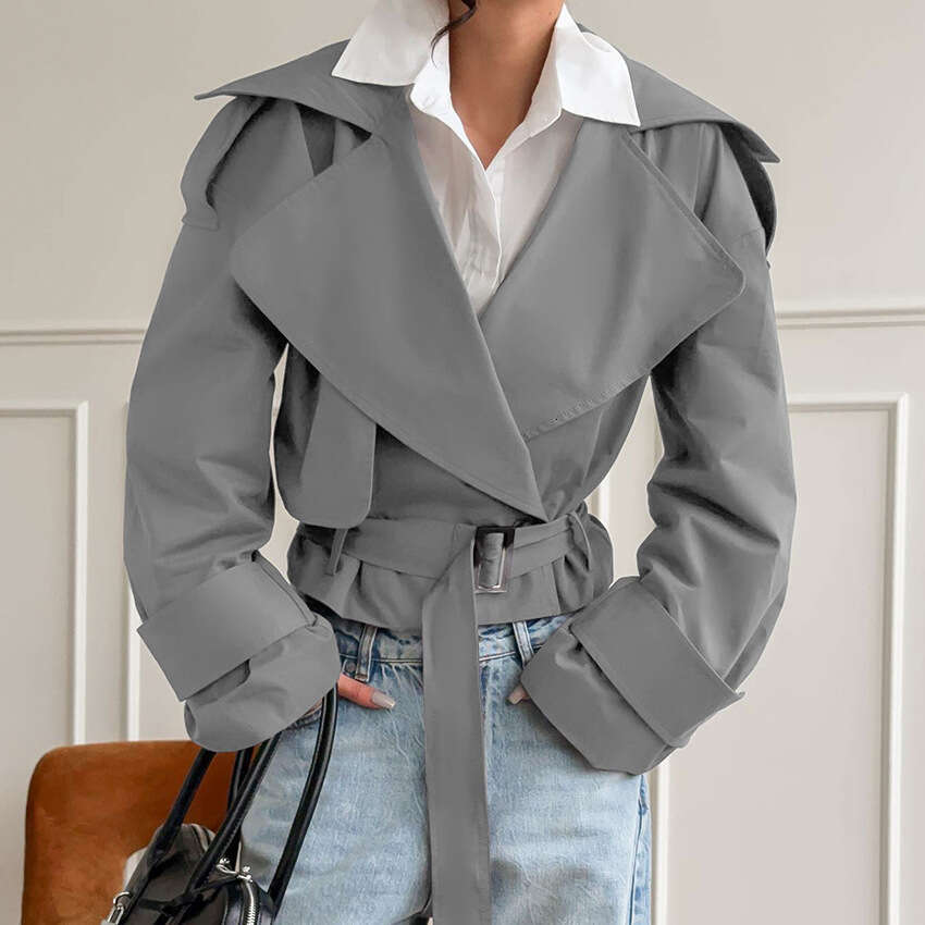 Autumn Winter New High-End Lace-Up Lapel Long Sleeve Windbreaker Women, Stylish And Elegant Design For Commuting B3