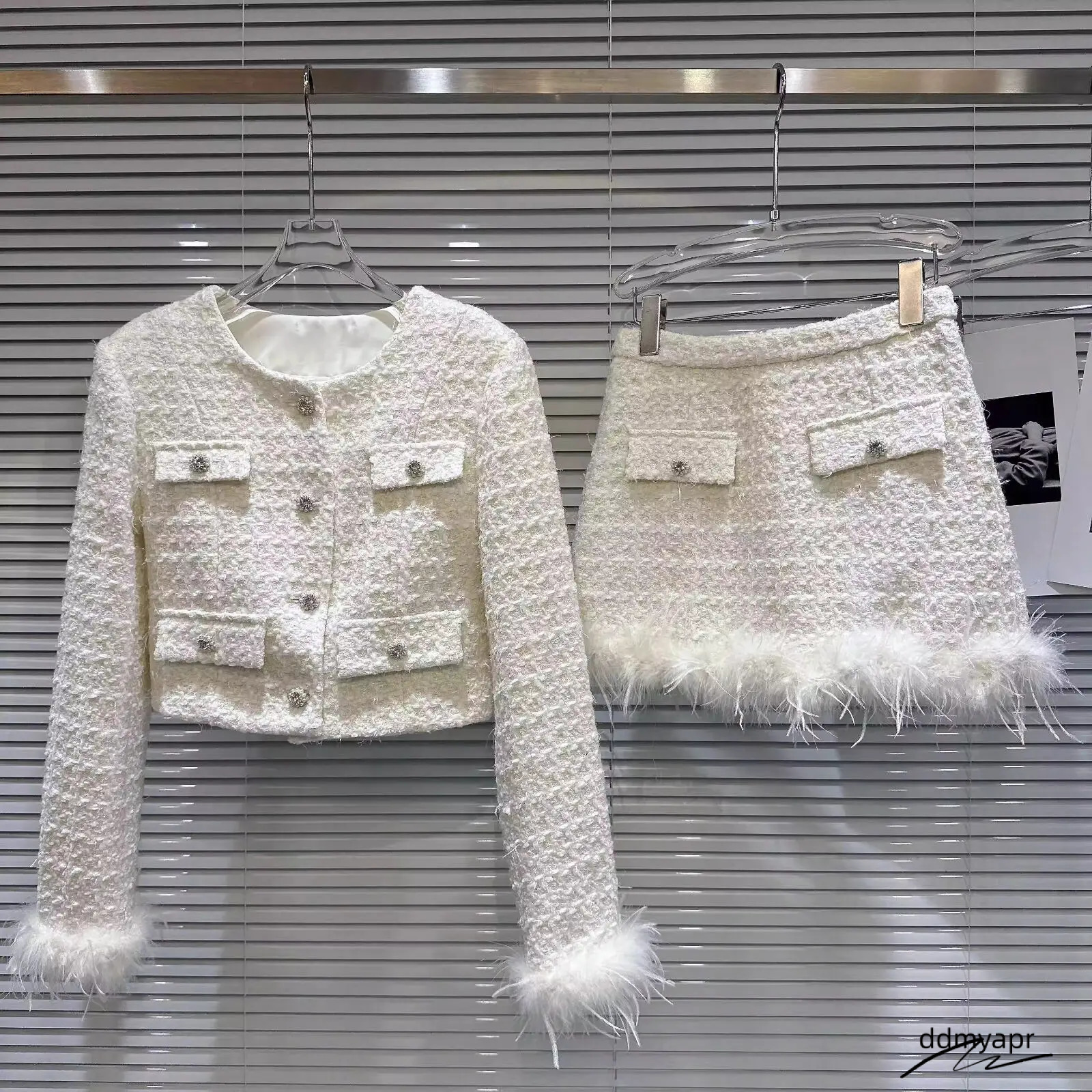 Autumn Winter French Ddmydec Vintage 2 Pieces Sets Tweed Jacket Short Coat Feather Splicing Blazerhigh Waist Mini Skirt Suit 240129