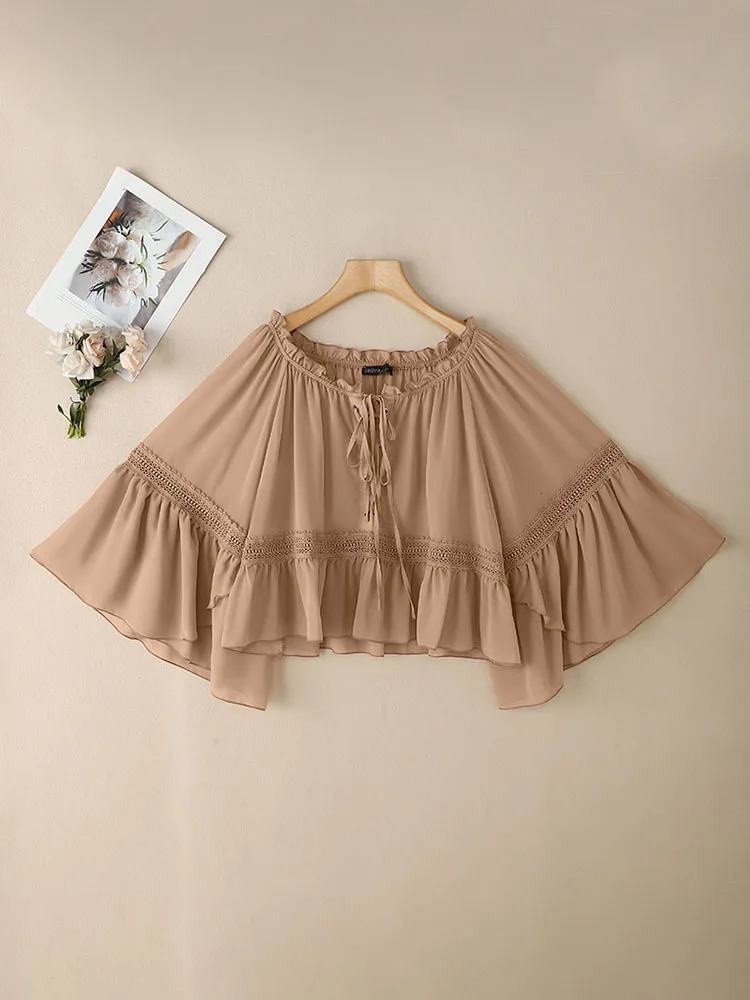 ZANZEA Women Vintage Chiffon Blouse Casual Loose 34 Flare Sleeve Short Tops 2025 Summer Seethrough Vneck Pleating Blusas Femme 250906