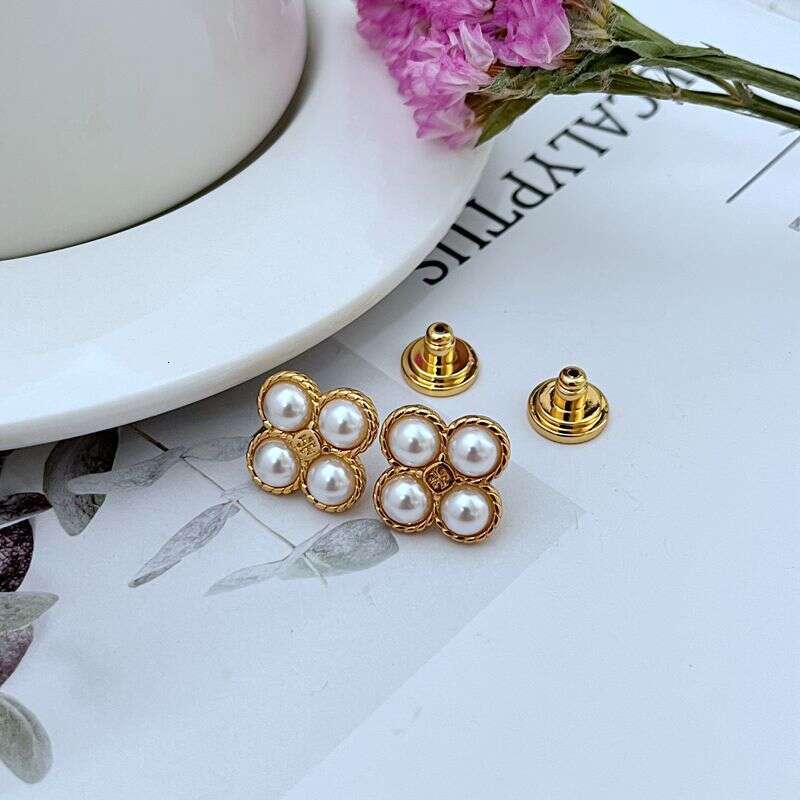 DHpet Fashionable Light Sweet Inlaid Glass Pearl Malachite Four-Leaf Clover Shape Metal Earrings