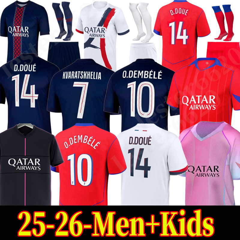 25 26 D.DOUE DEMBELE Soccer Jerseys Kvaratskhelia Maillot MBAPPE HAKIMI enfants football shirts kits kids Equipment VITINHA Zaire Emery BARCOLA PARIS PSGES kit 4XL