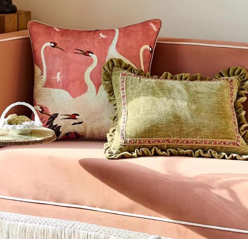 Medicci Home GG Style Inspired Dancing Crane Decorative Cushion Cover High Grade French Retro Pillow Case 45x45cm For Sofa Couch 240821