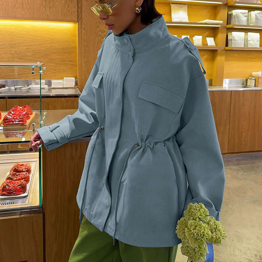 Autumn Winter New Cotton High Collar Waist Drawstring Long Sleeve Coat Women Design Sense Temperament Fashion Commuting B3