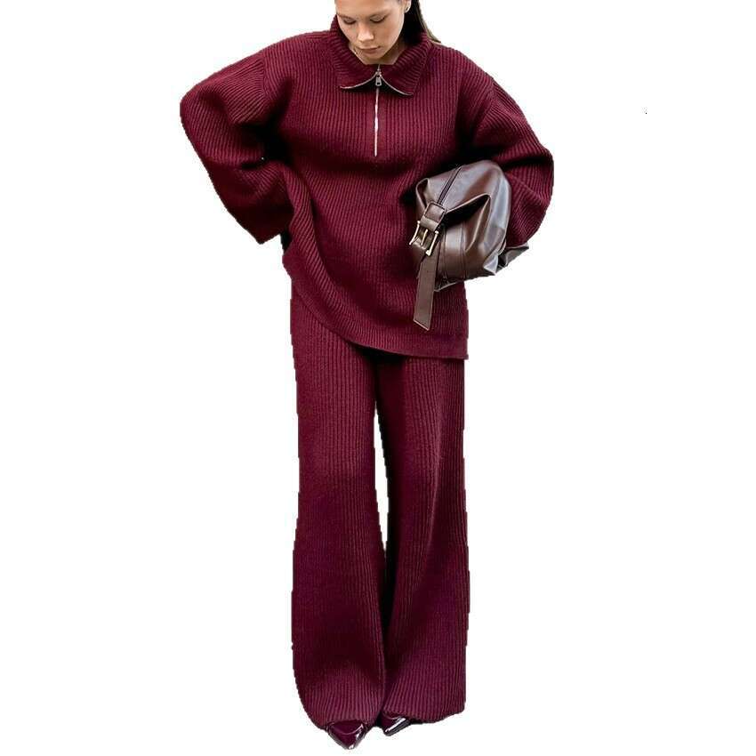 Autumn Winter New Zipper Turn-Down Collar Sleeve Long Pants Knitted Suit For Women Design Sense Elegant Fashion Commuting B5