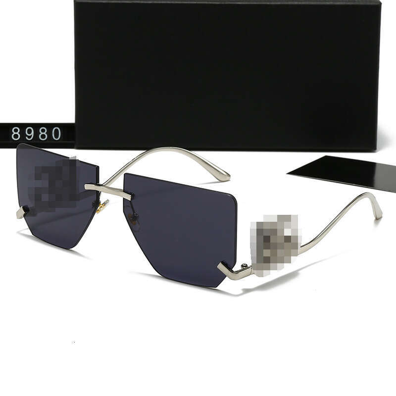 New Metal Fashion Frameless Edge Cut Large Frame Curved Leg Hollow Letter Sunglasses Korean Style Trend Street Shooting Glasses 8980 a01