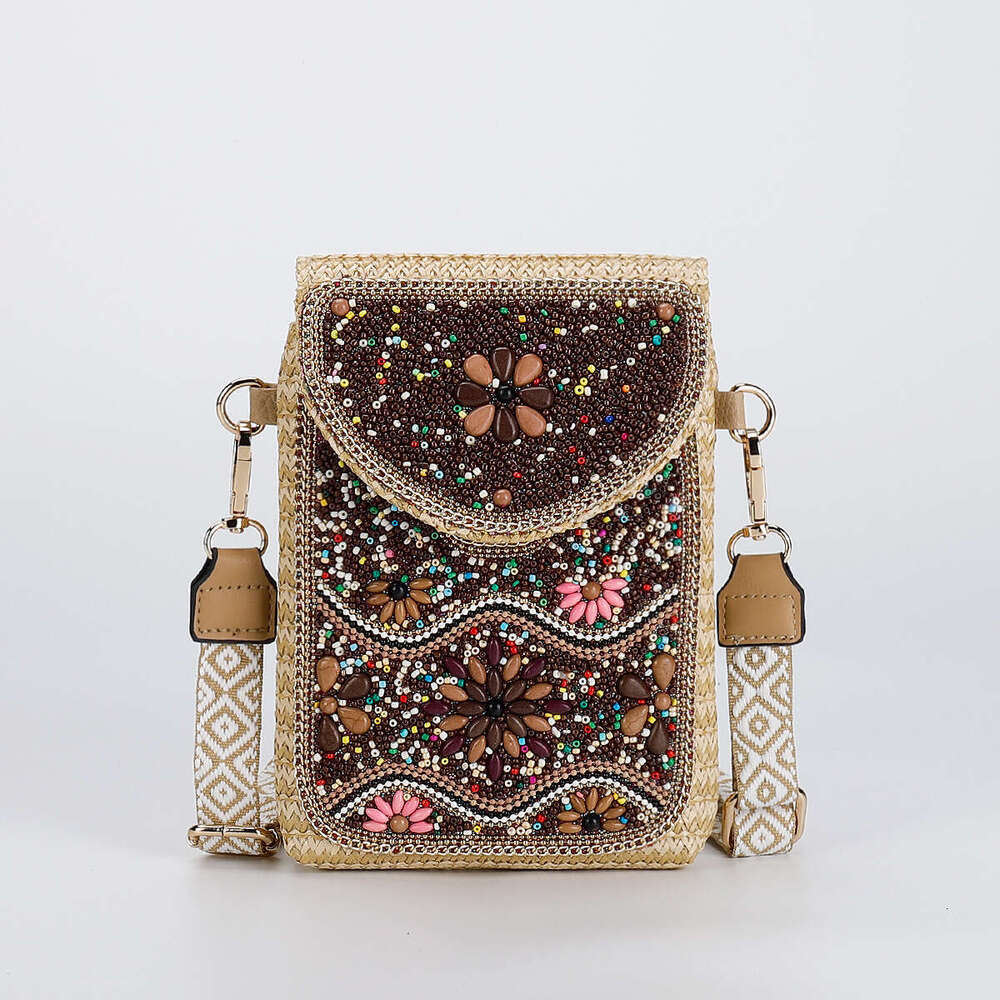 High-End Straw Crossbody 2024 New Fashion Beaded Woven Women's Shoulder Phone Bag