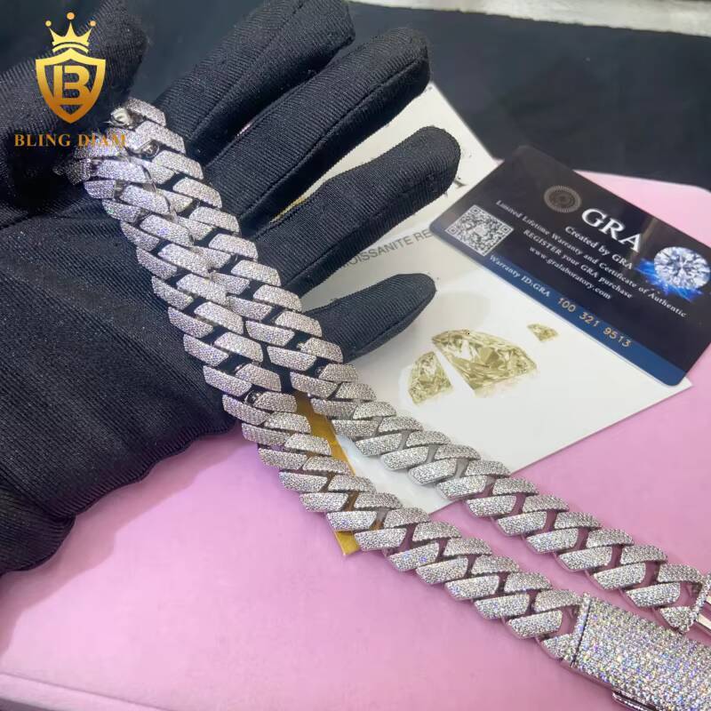 In Stock with GRA Hip Hop Style S925 Moissanite 15mm Cuban Chain Pass Diamond Tester Iced Out Moissanite Necklace Chain Silver