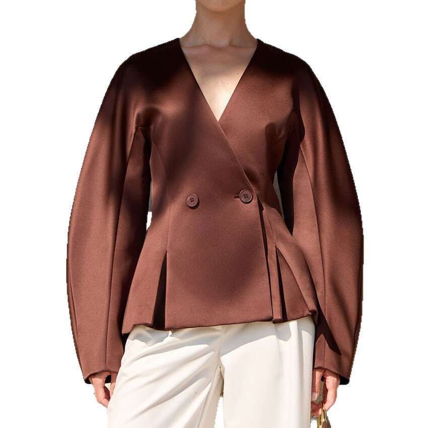 Autumn Winter New V-Neck Waist-Cinching Shirt Women With Design Sense, Elegant Fashion Satin Blouse For Commuting B3