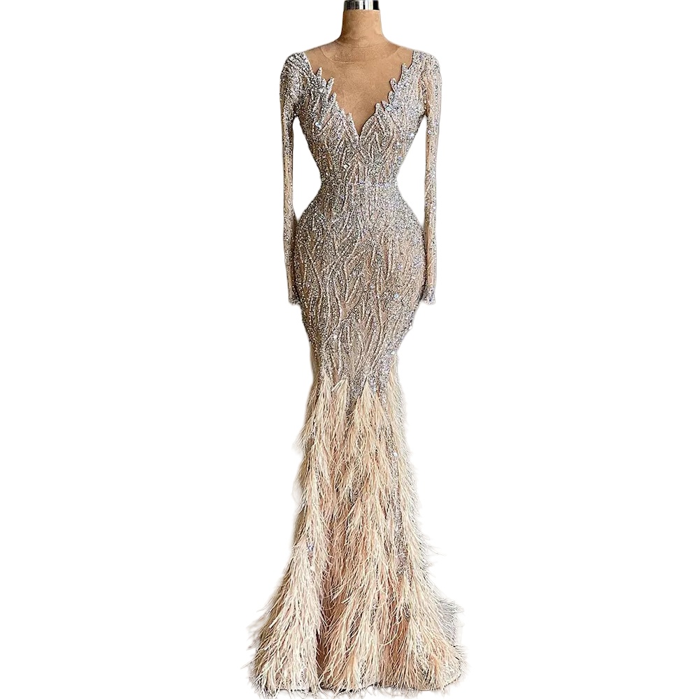 Sexy Mermaid Evening Dresses V Neck Beading Feathers Prom Dresses Lace Long Sleeves Celebrity Women Formal Party Pageant Gowns