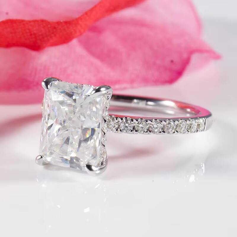 7x9mm Ice Crushed Radiant Cut Forever Moissanite 14k White Gold Engagement Ring with Accent Stones on Band