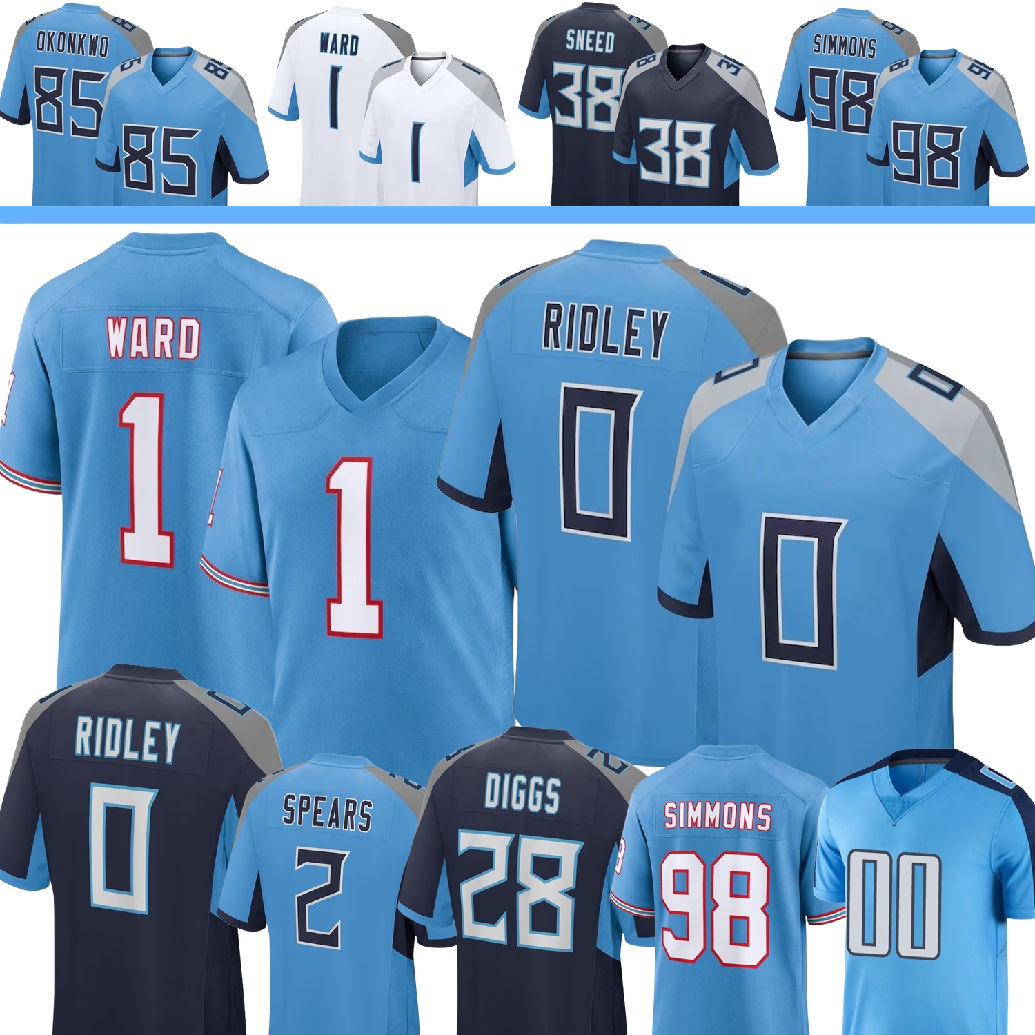Custom Football Jersey Cam Ward Ridley Jeffery Simmons L'Jarius Sneed Tyler Lockett Tony Pollard Chigoziem Okonkwo Diggs Spears Key Hooker Jones