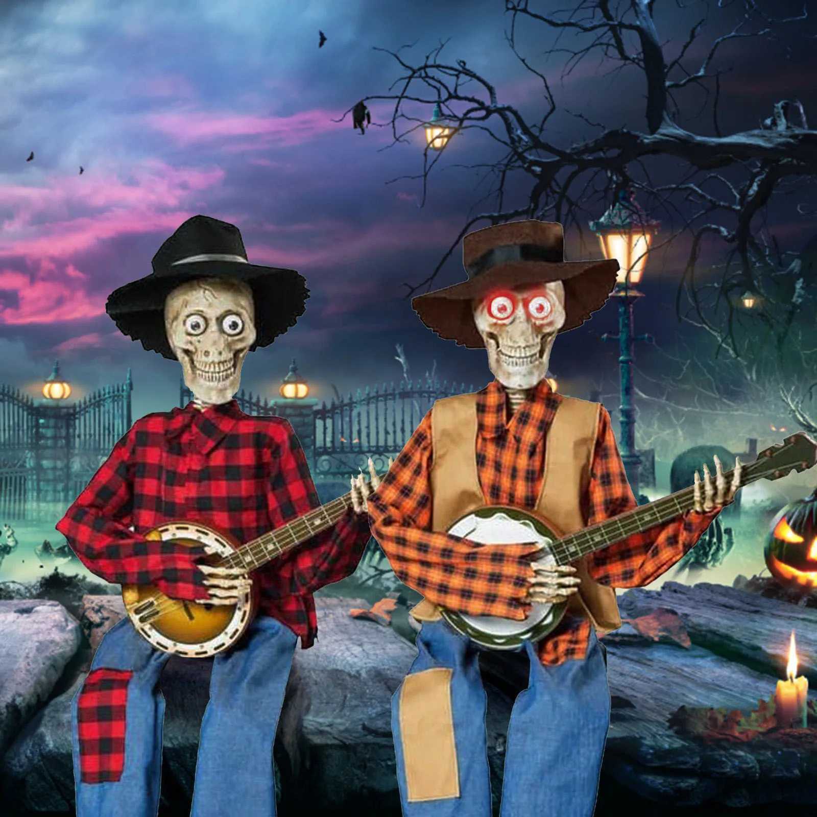 Animated Motion Sound Activated Musical Multi Lingual Banjo Skeletons Duo Halloween Fall Indoor Glowing Skeleton DecorXJ250906