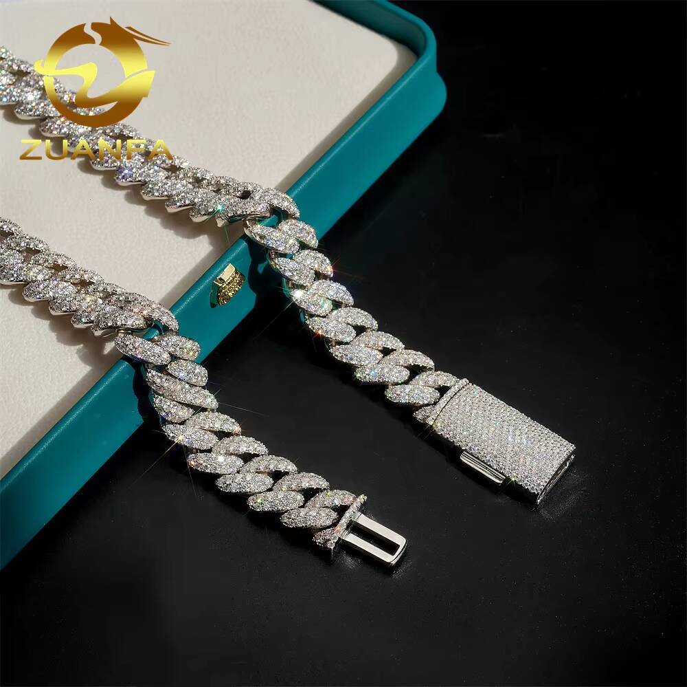 Wholesale Necklace Real Gold Plated Moissanite Micro Paved Prong Setting Miami 925 Sterling Silver 15MM Moissanite Diamond Iced Out Cuban Li