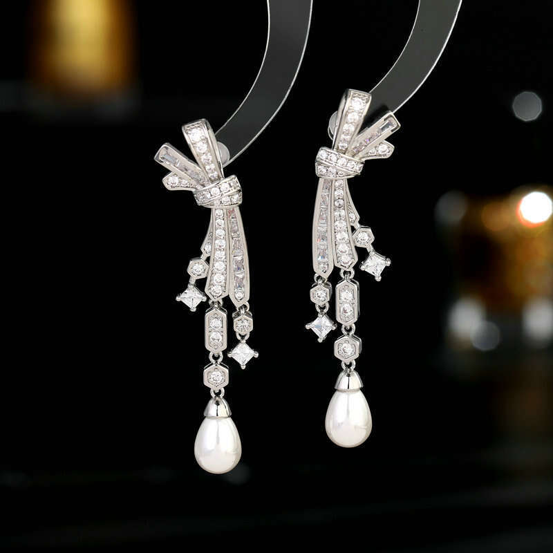 DH collections: 2025 Fall Ultra - Elegant Bridal Earrings with Zircon - inlaid Bow - knot and Pearl Tassels