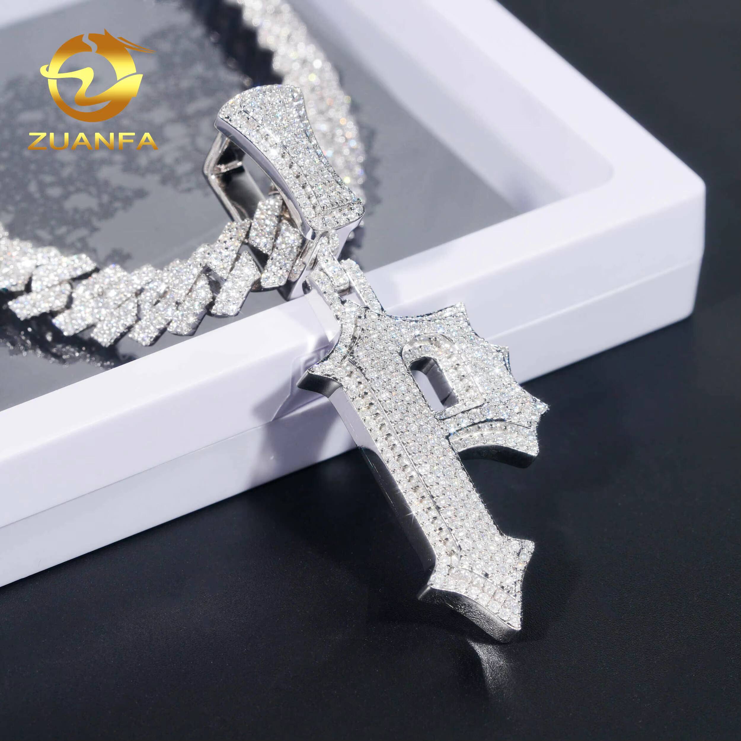 New Arrival Solid Back Hip Hop Pendant Iced Out VVS Moissanite 925 Sterling Silver Initial Letter Pendant Necklace