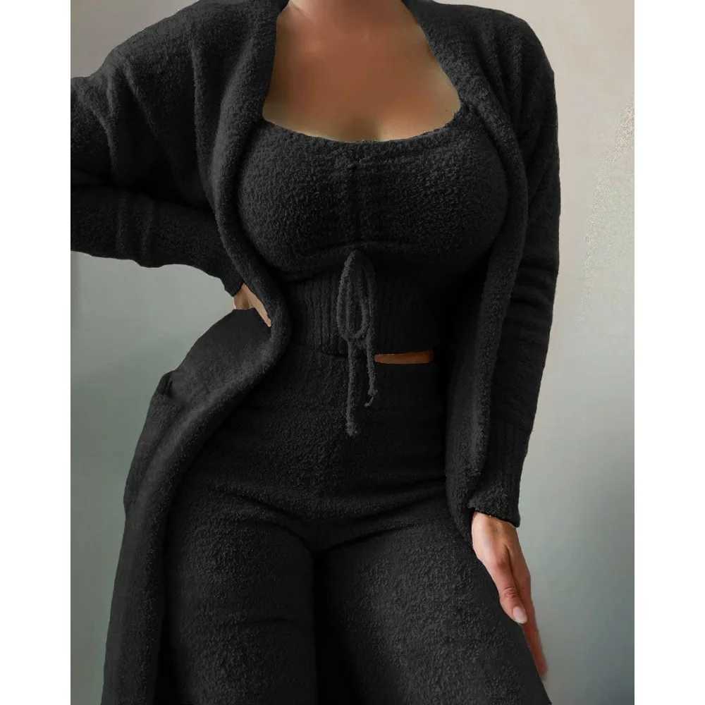 Pajama Woman Winter Fluffy Pajamas Set for Women Casual Solid Sleepwear 3 Pieces Suit Long Pants Homewear Pijama Y250906