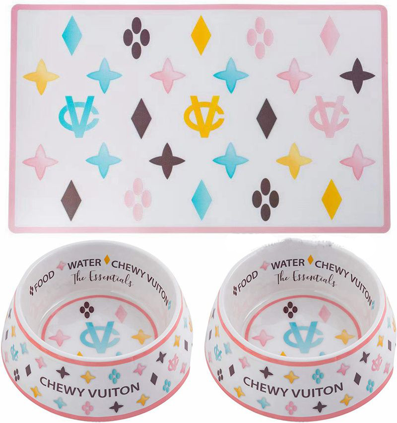 Designer Dog Bowls and Placemats Food Grade Non-Skid BPA-Free Chip-Proof Tip-Proof Dishwasher Safe Malamine Bowls with Fun Brand Parody Designs