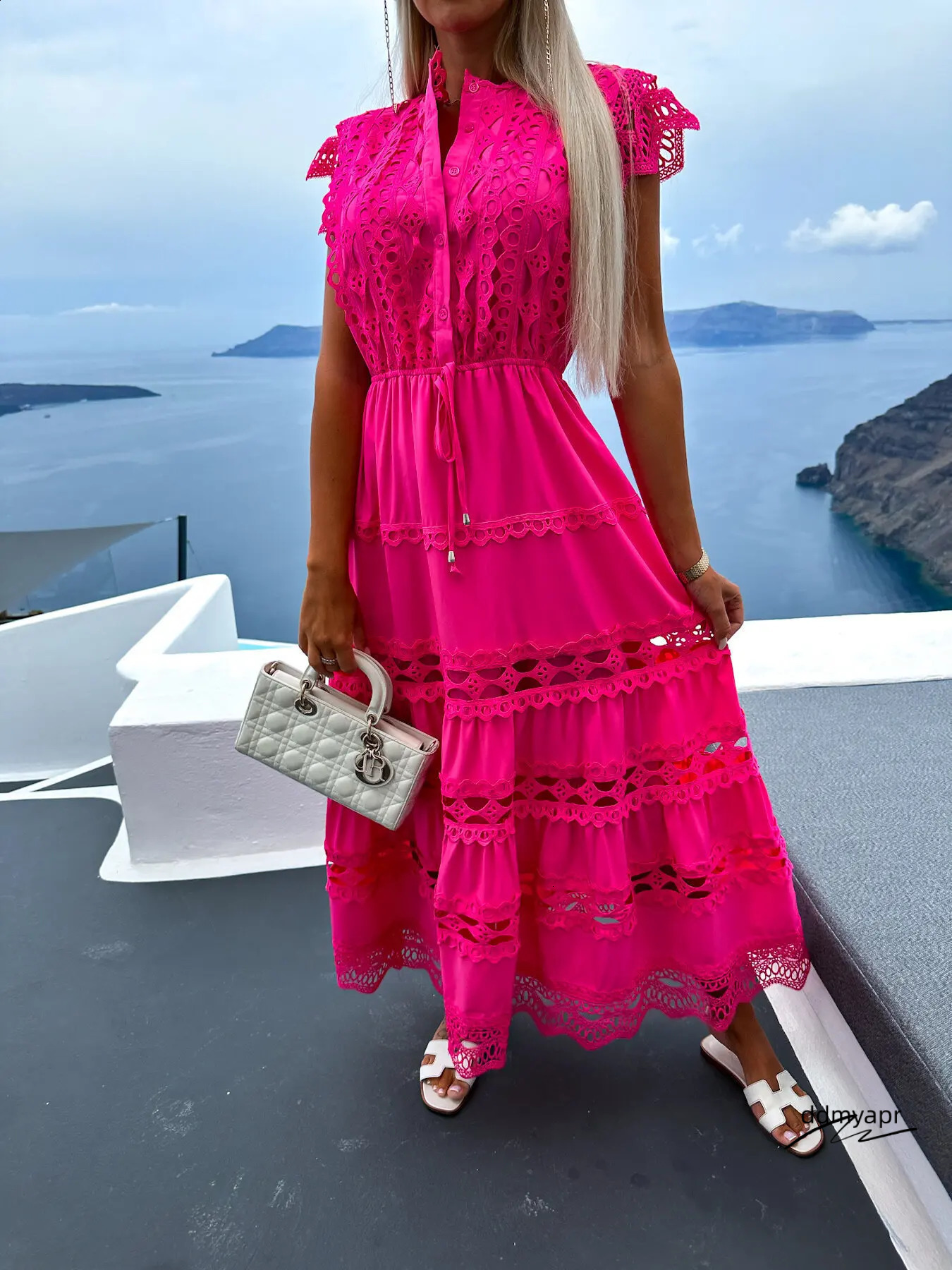 Womens Summer Dress With Lace Hollow Splicing Retro Ddmydec Romantic Round Neck Seaside Beach A Lined Spiritual Outfit 240903