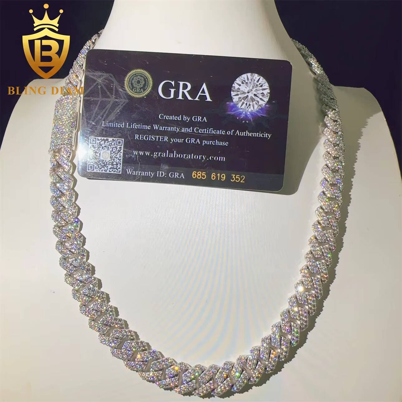 VVS Moissanite Diamond 12mm Luxury Fashion Hip Hop Fine Jewelry Iced Out GRA Certificated Necklace Miami Cuban Link Chain