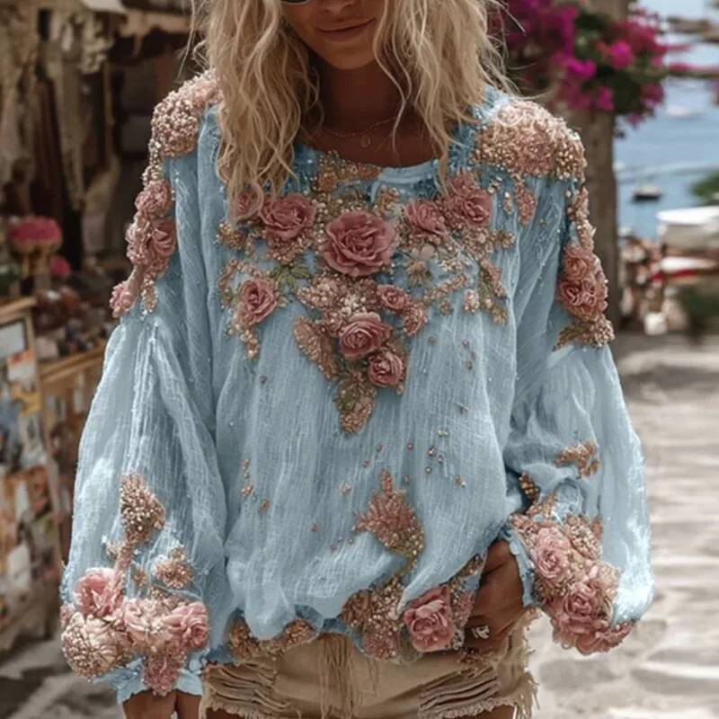 2025 New Autumn Light colored Long sleeved Ethnic Women's Shirt Retro D Printed Fashion Shirt Elegant Round Neck Loose Top design Designer Hoodie